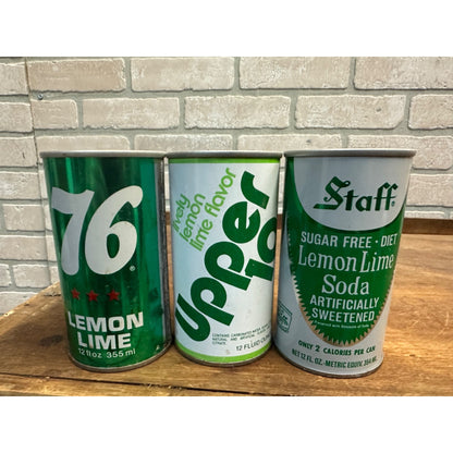 Vintage Lemon Lime Soda Cans Pull Tab Steel Flat Top Lot (3) Upper 10 Staff 76