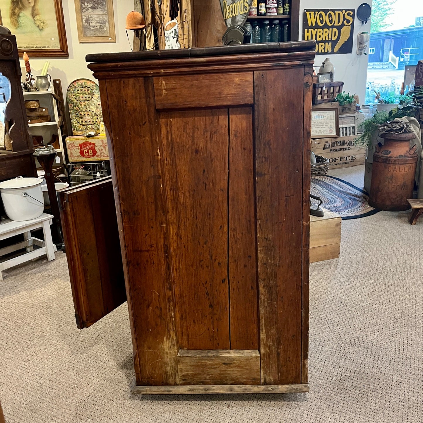 Antique Primitive c1880s Wooden Ice Box Cabinet  w/ Orante Spoon Carvings