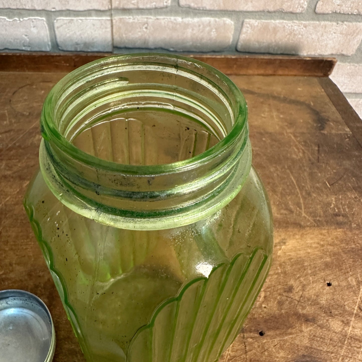 Antique 1920's Uranium Green Hoosier Canister Hocking Jar Coffee 8" Ribbed Glows