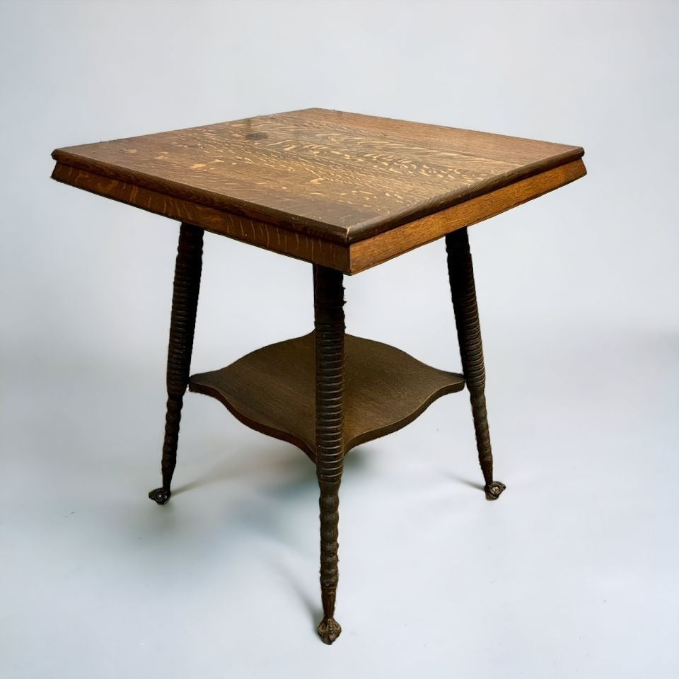 Antique 1900s Oak Parlor Side End Table w/ Glass Ball & Claw Feet