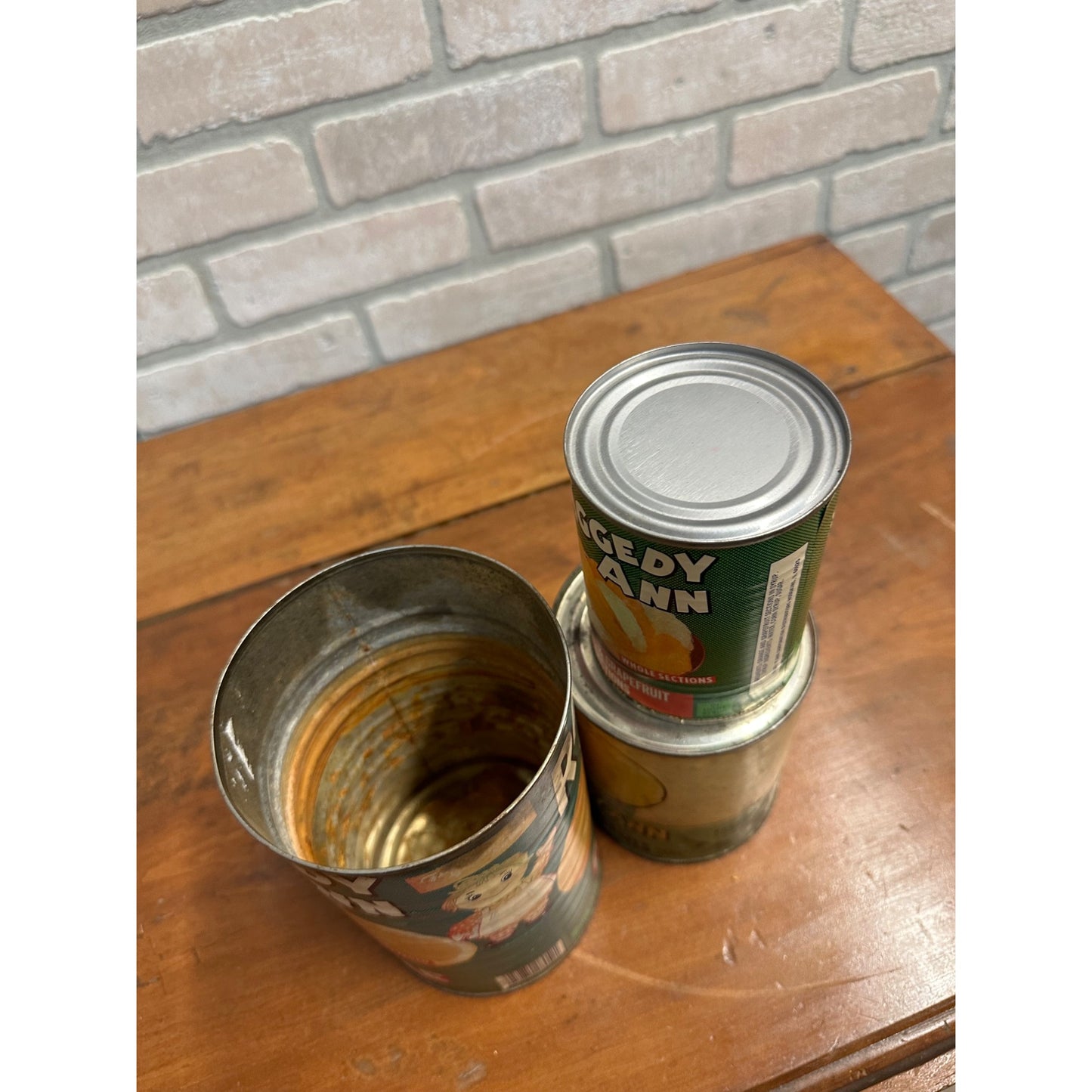 Vintage 1930s Raggedy Ann Tin Paper Label Cans Orange Juice, Pineapple, Grapefruit