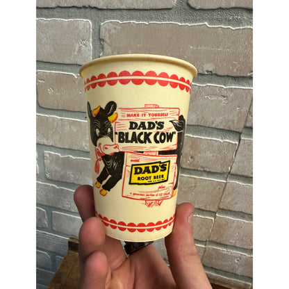 VINTAGE DAD'S ROOT BEER BLACK COW ADVERTISING WAX PAPER CUP