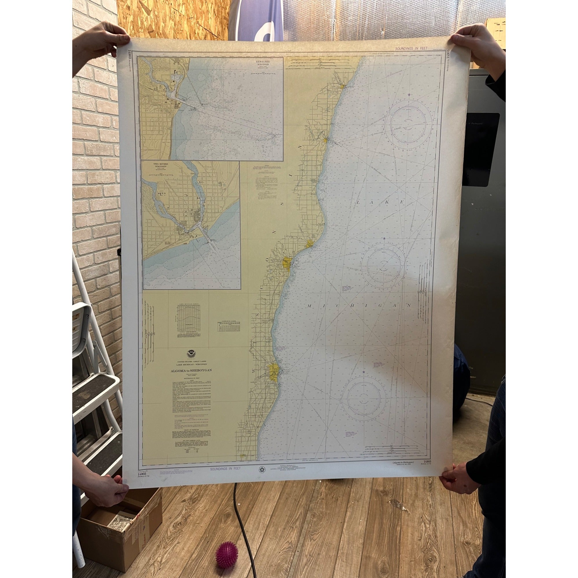 Vintage 1975 Lake Michigan Algoma Sheboygan Ship Route Wisconsin Map Poster 48x37"