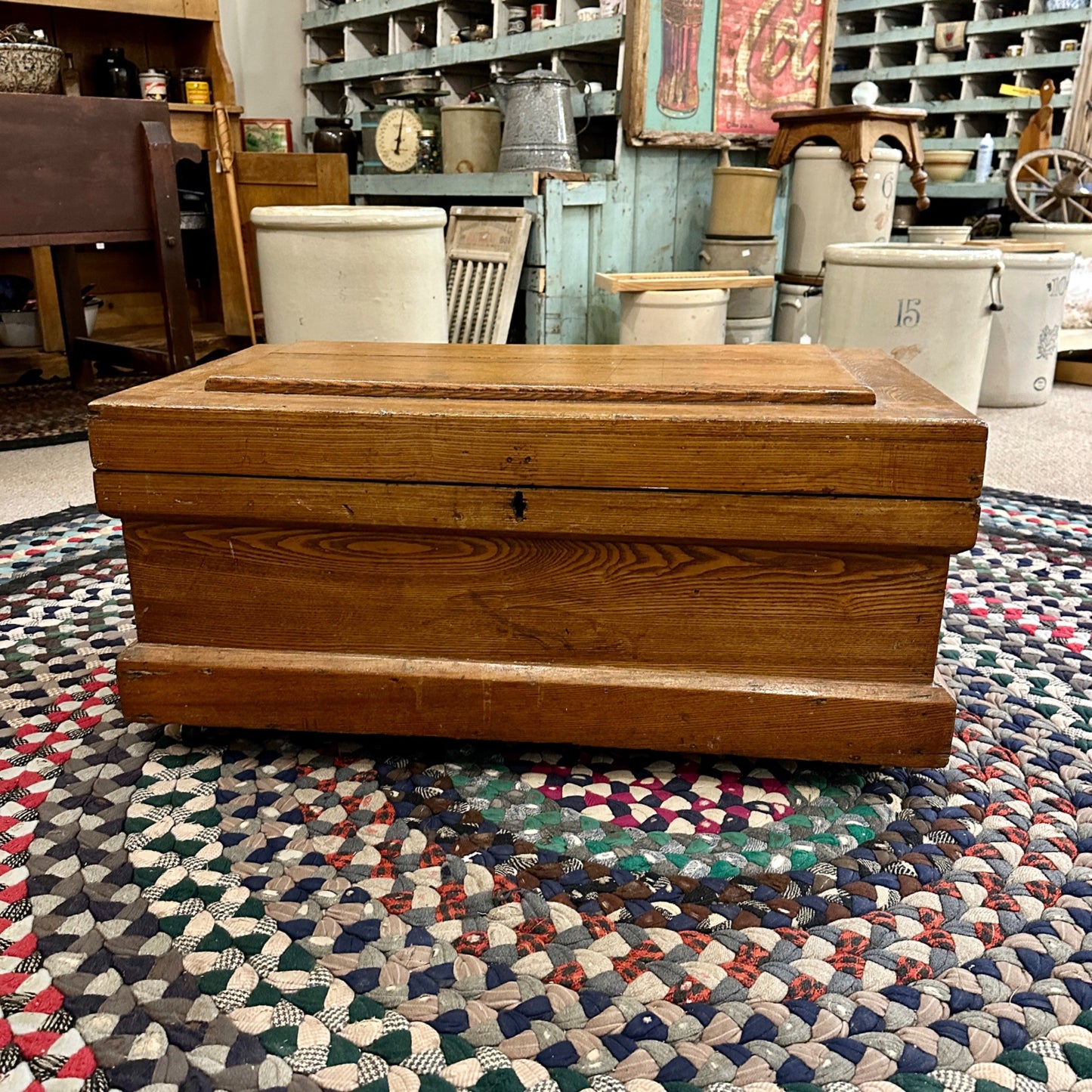 Antique Wooden Primitive Carpenters Trunk Chest Storage Coffee Table