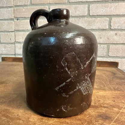 Antique 7" Brown  Stoneware Jug Moonshine W/ Handle Unmarked Glazed