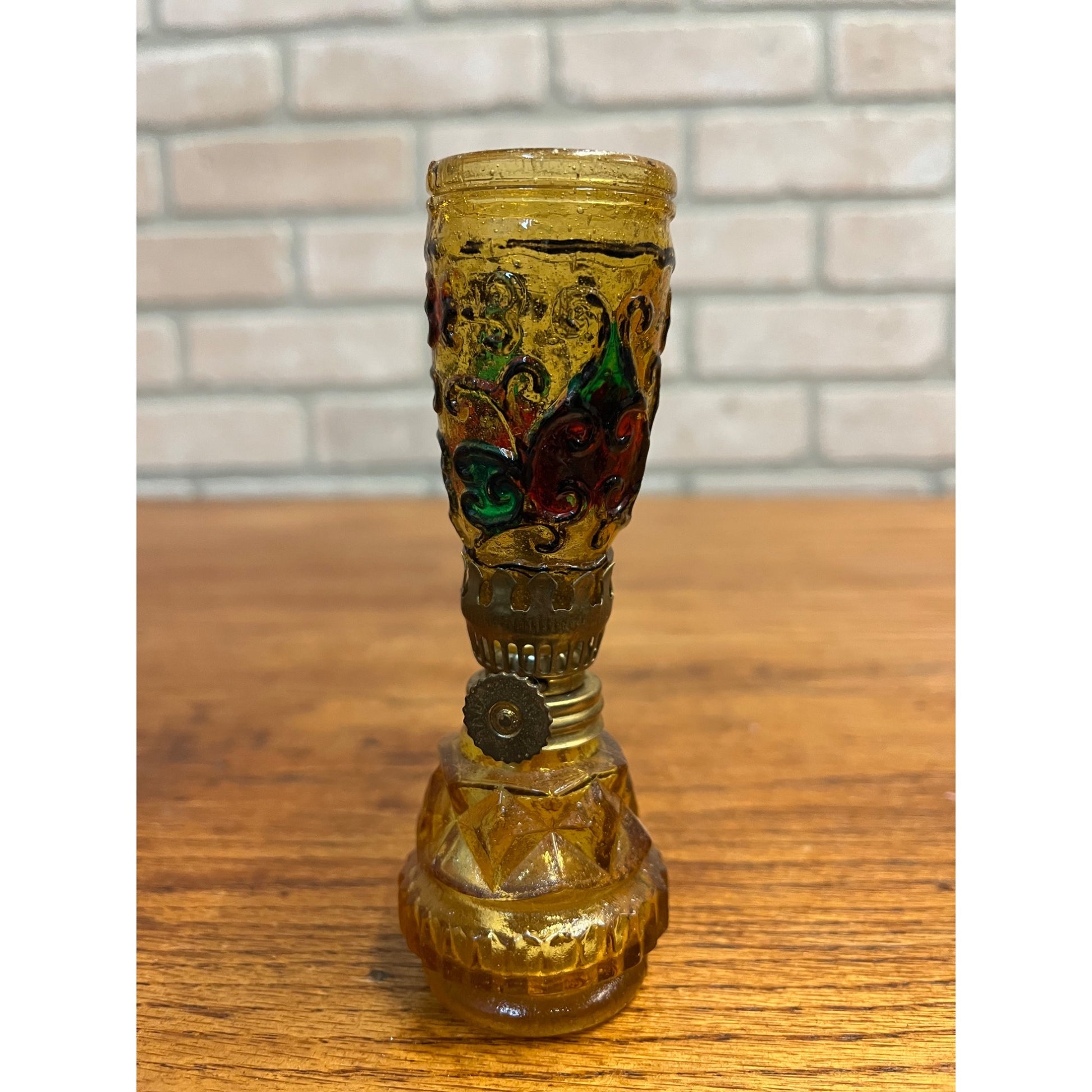 Vintage Oil Lamp 1970s Stained Glass Multi-Color Hong Kong Nursery