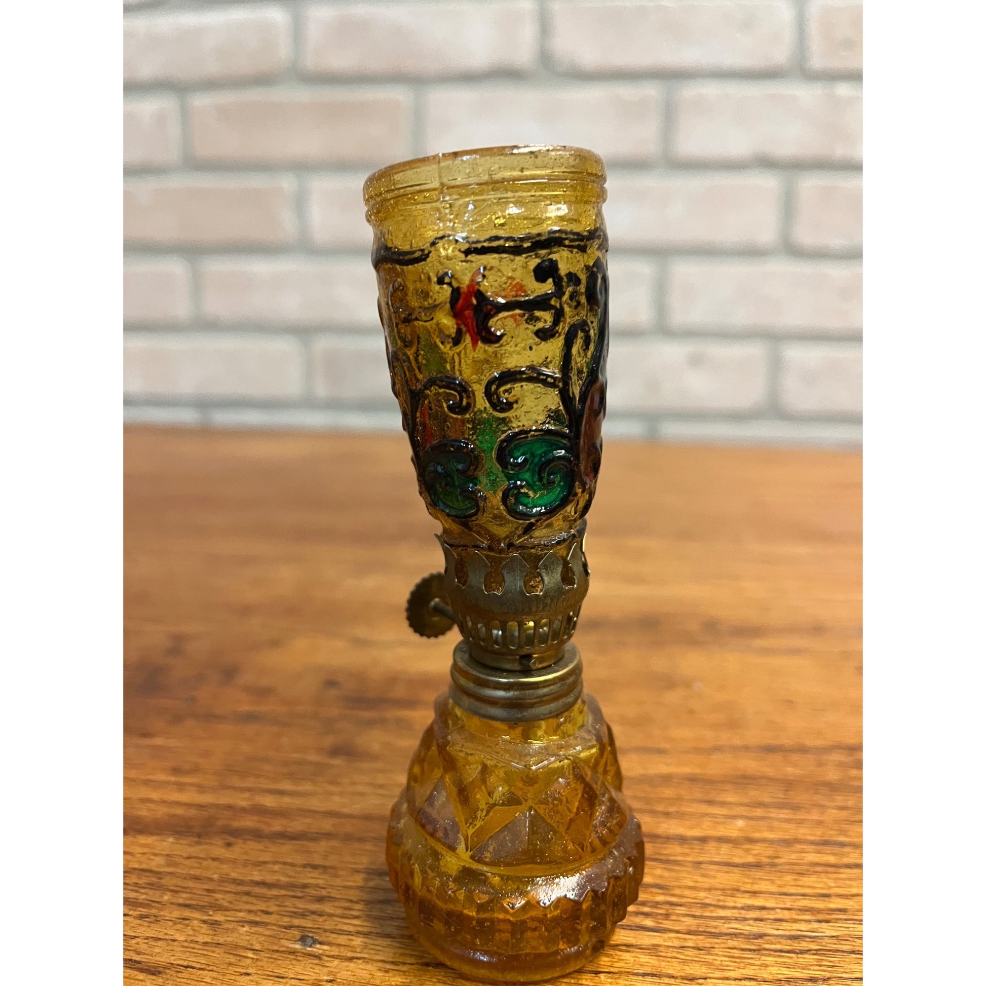 Vintage Oil Lamp 1970s Stained Glass Multi-Color Hong Kong Nursery