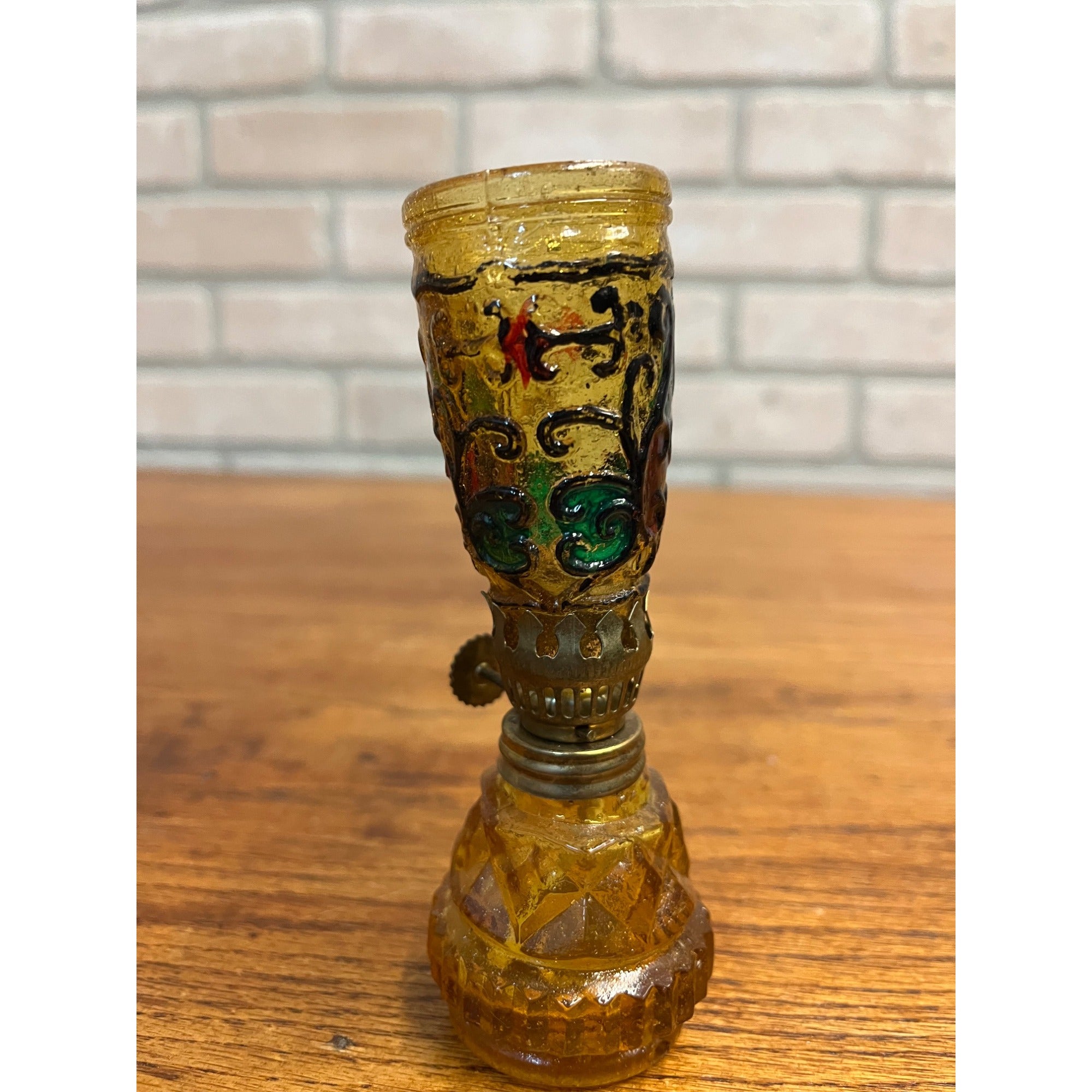 Vintage Oil Lamp 1970s Stained Glass Multi-Color Hong Kong Nursery