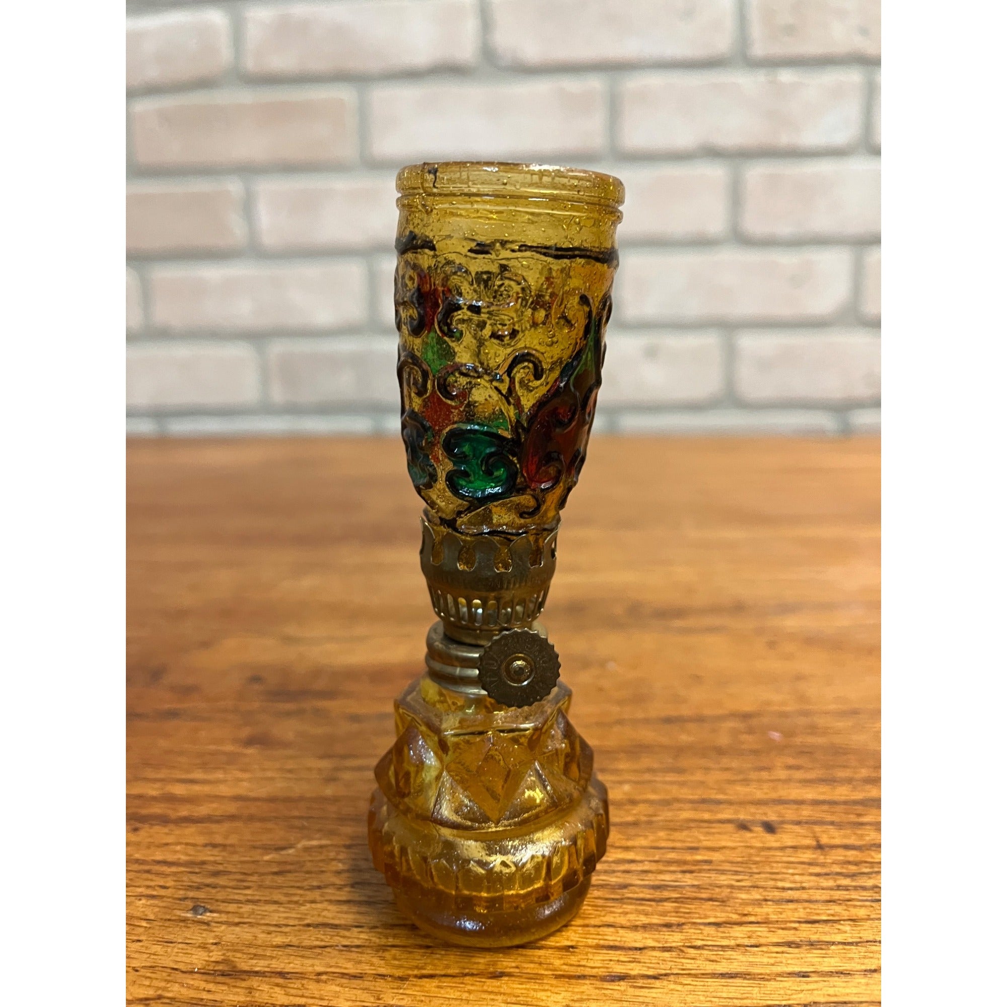 Vintage Oil Lamp 1970s Stained Glass Multi-Color Hong Kong Nursery