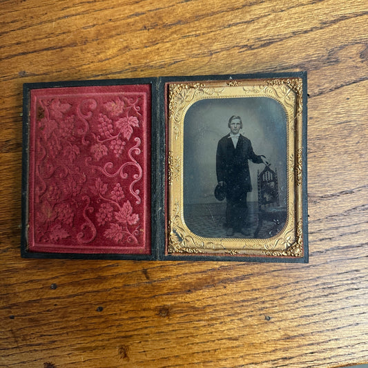 Antique 1870s Quarter Plate Tintype Photograph Photo Young Man w/ Chair+ Case