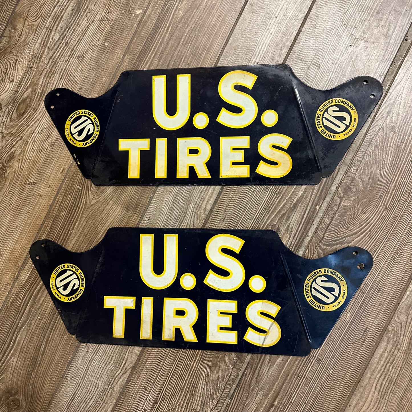 Vintage 1939 United States Rubber Co. US Tires Rack Tin Advertising Signs Pair (2)