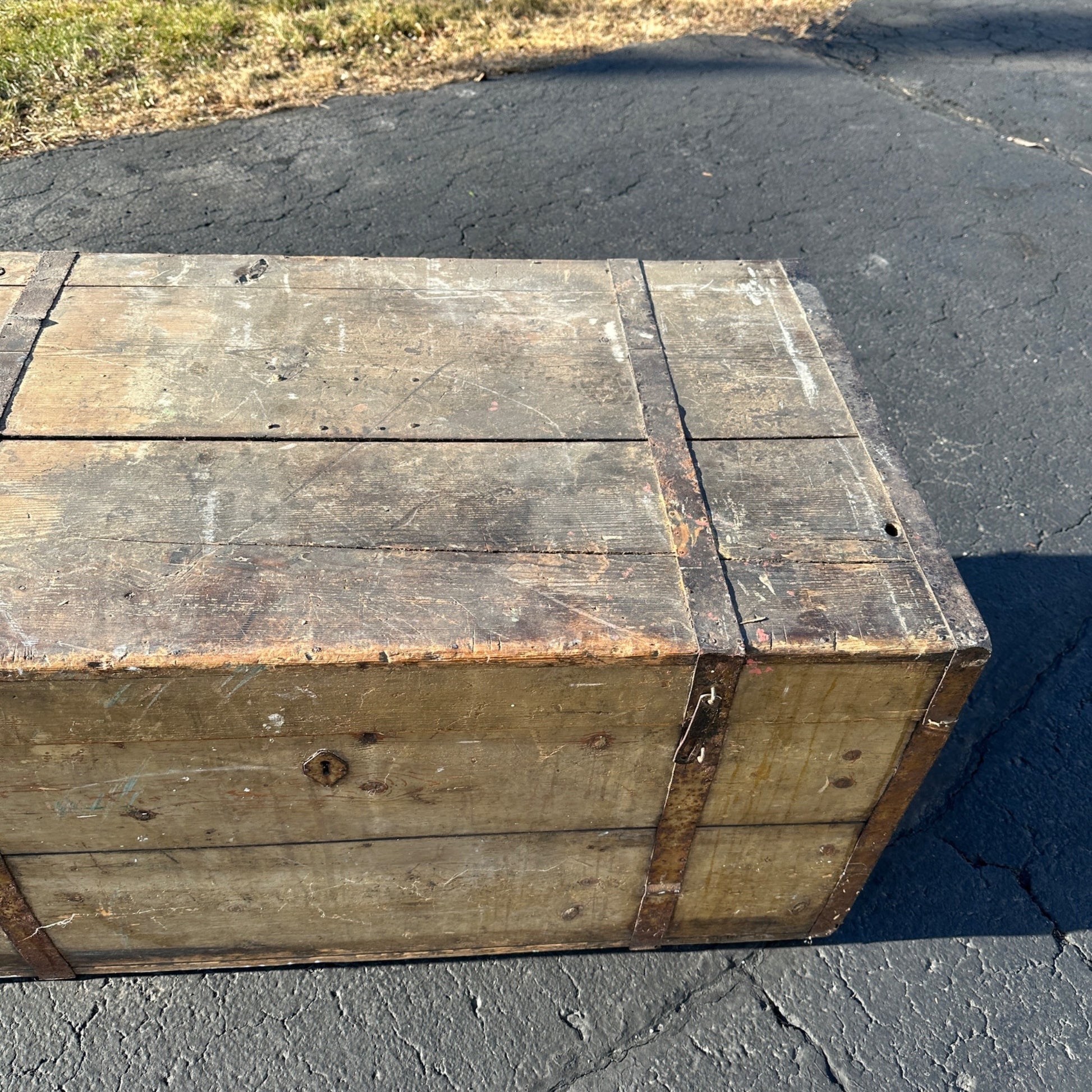 Antique Large Primitive Trunk Chest Gray Off-White Coffee Table Immigrant