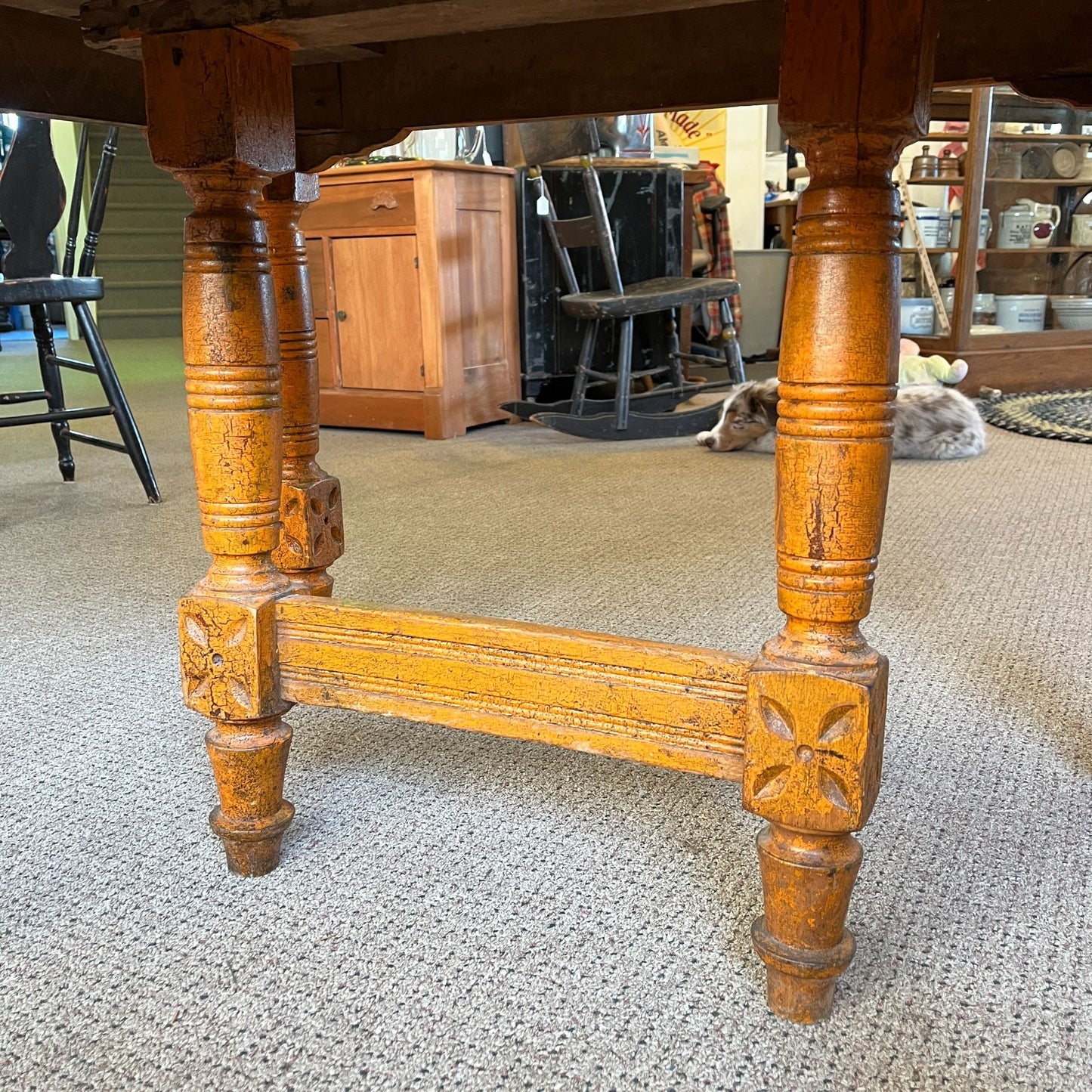 Antique Primitive Spoon Carved Wooden Dining Table Chippy Orange Paint