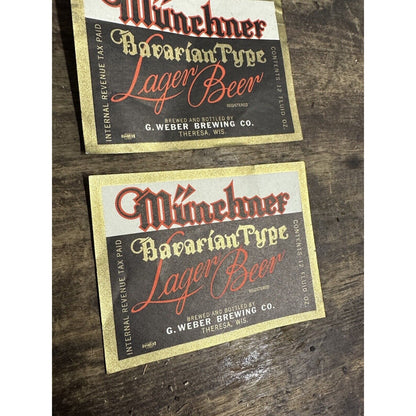 Vintage 1940s G. Weber Brewing Co. Theresa Wis Munchner Lager IRTP Bottle Labels