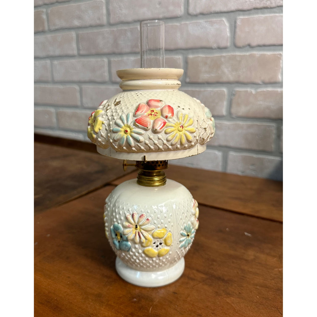 ANTIQUE CONSOLIDATED MILK GLASS COSMOS MINIATURE OIL LAMP W/ CHIMNEY & SHADE