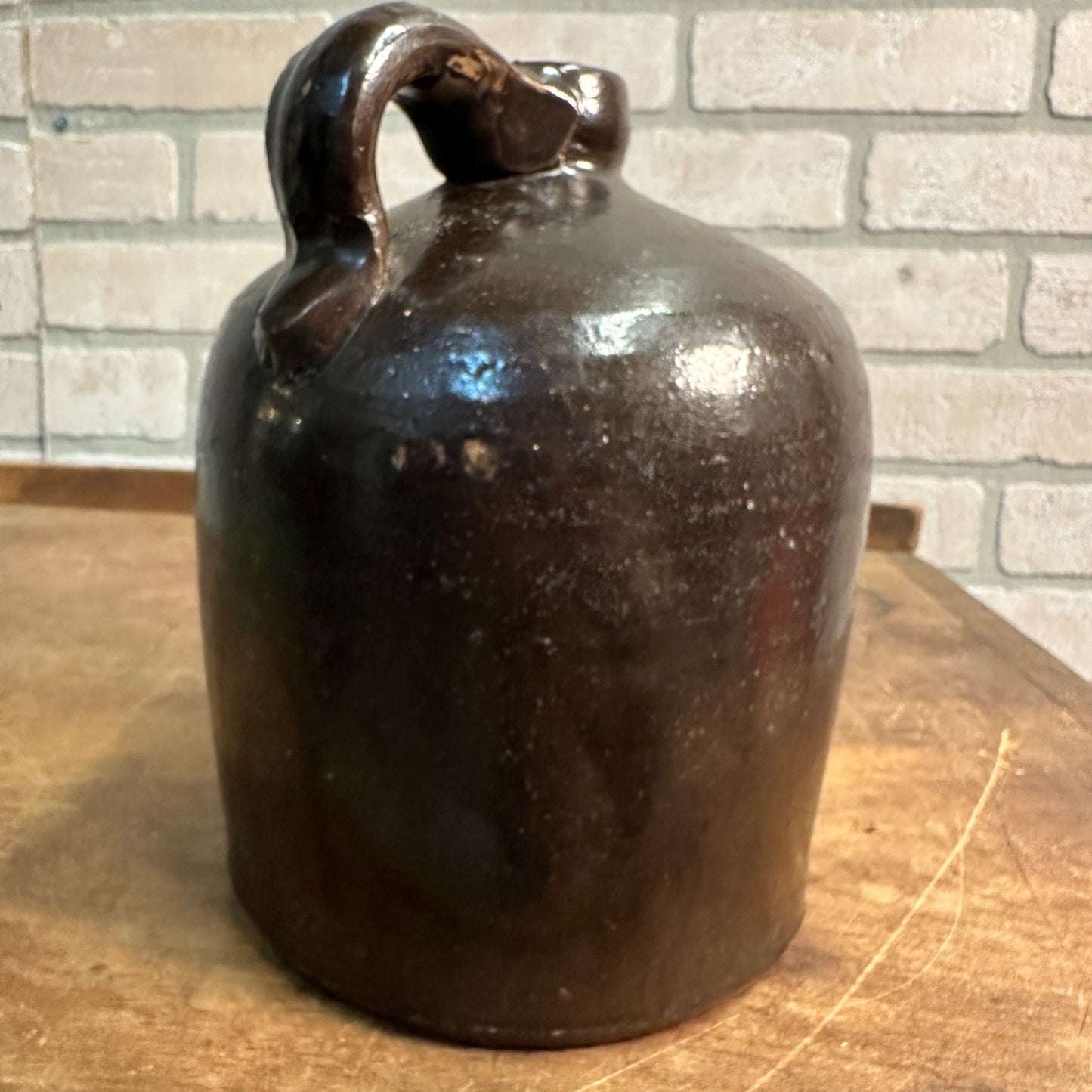 Antique 7" Brown  Stoneware Jug Moonshine W/ Handle Unmarked Glazed