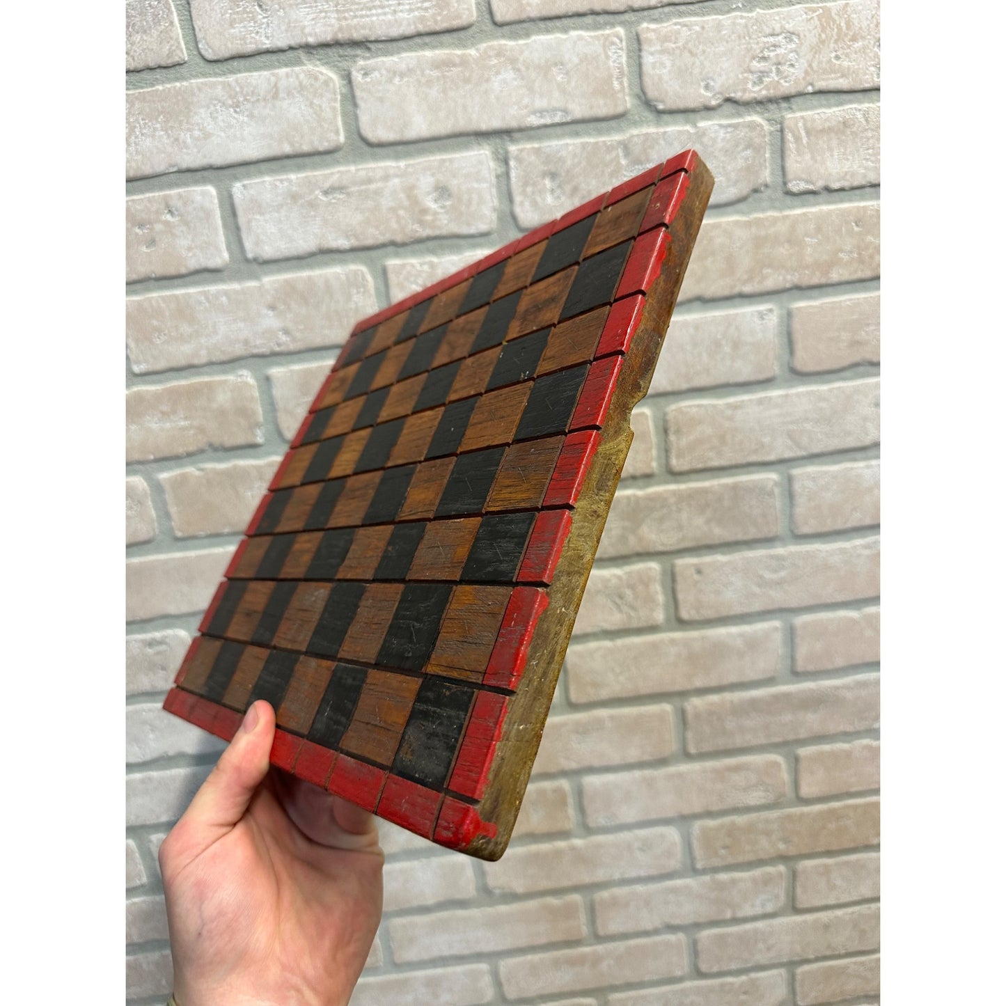 Vintage Handpainted Wooden Chess / Checkers Game Board Primitive Decor 11" x 11"