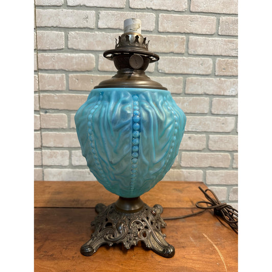 Antique Pittsburgh Lamp Co. Blue Satin Beaded Drape GWTW Oil Lamp Electrified