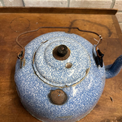 Antique Primitive Blue White Graniteware Enamelware Tea Kettle Pot Vintage Farmhouse