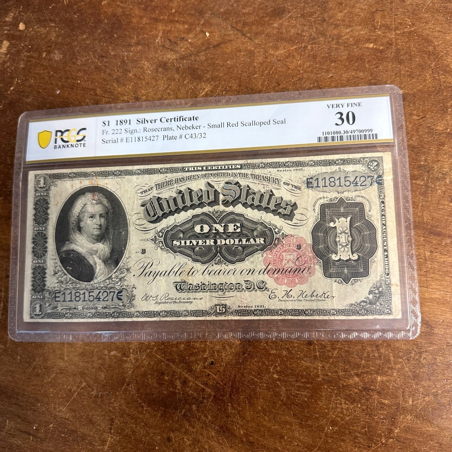 Fr. 222 1891 $1 Matha Washington Red Seal Silver Certificate PCGS 30