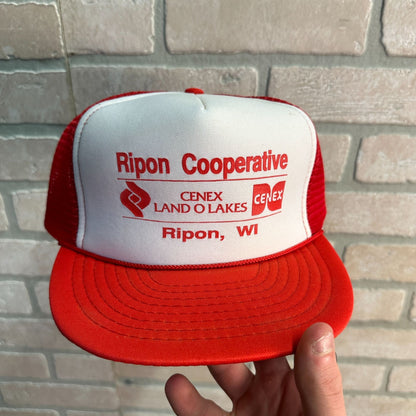 VINTAGE RIPON WISCONSIN COOP CENEX LAND O LAKES HAT SNAPBACK RED WHITE