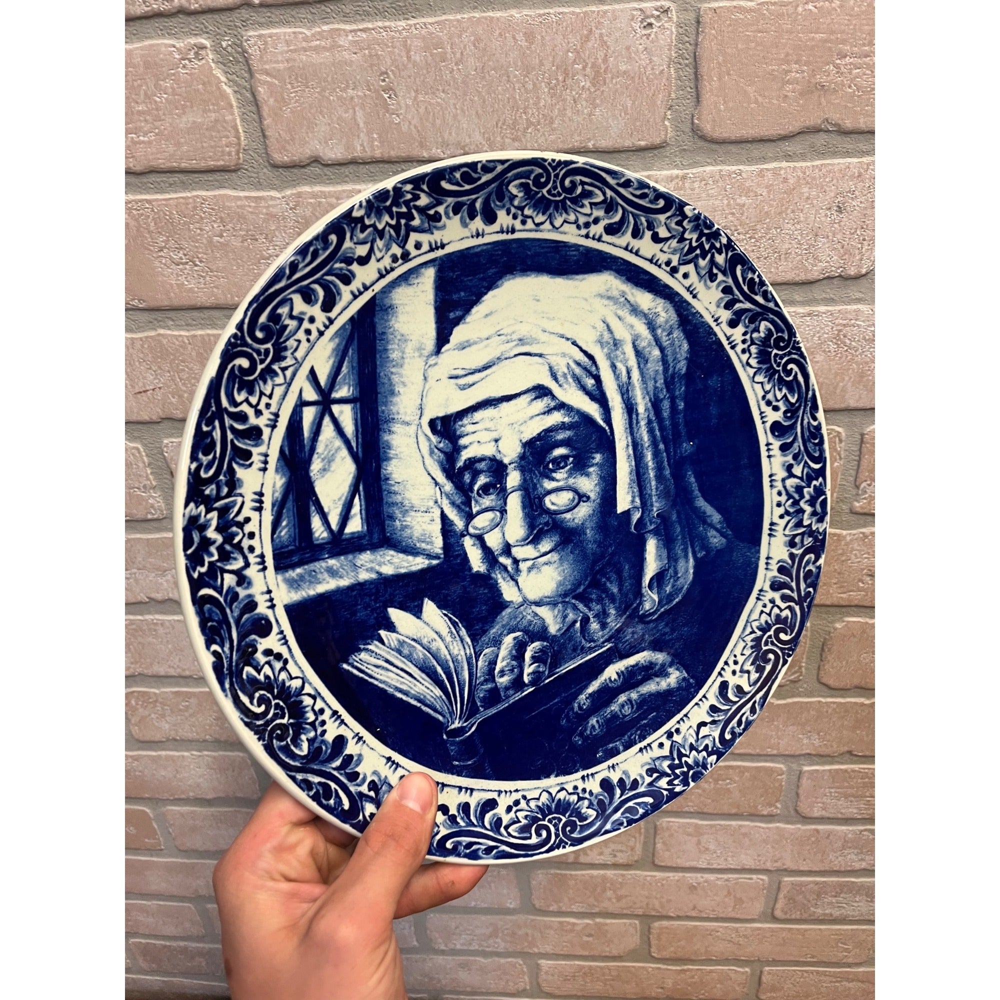 Vintage Blue Delft Boch Belgium La Louviere Plate Old Lady & Sea Captain 11.5"