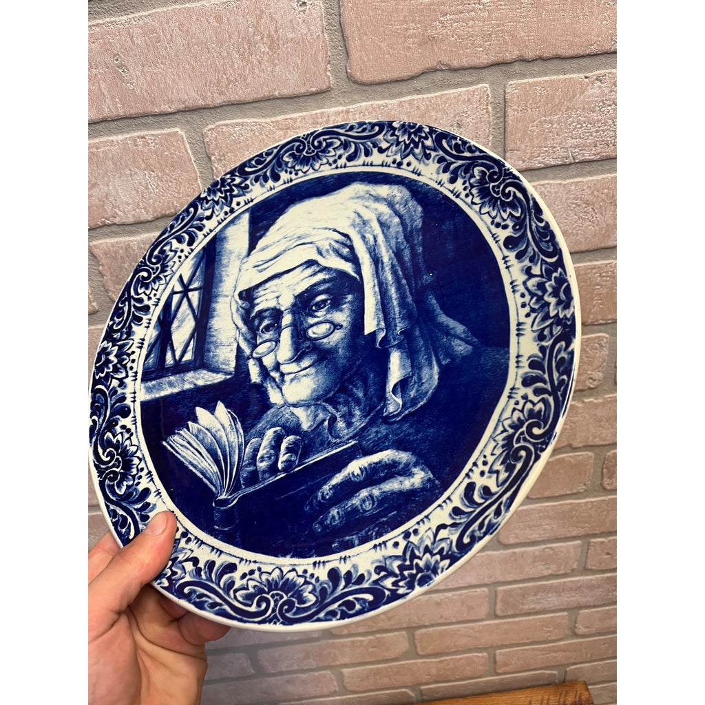Vintage Blue Delft Boch Belgium La Louviere Plate Old Lady & Sea Captain 11.5"
