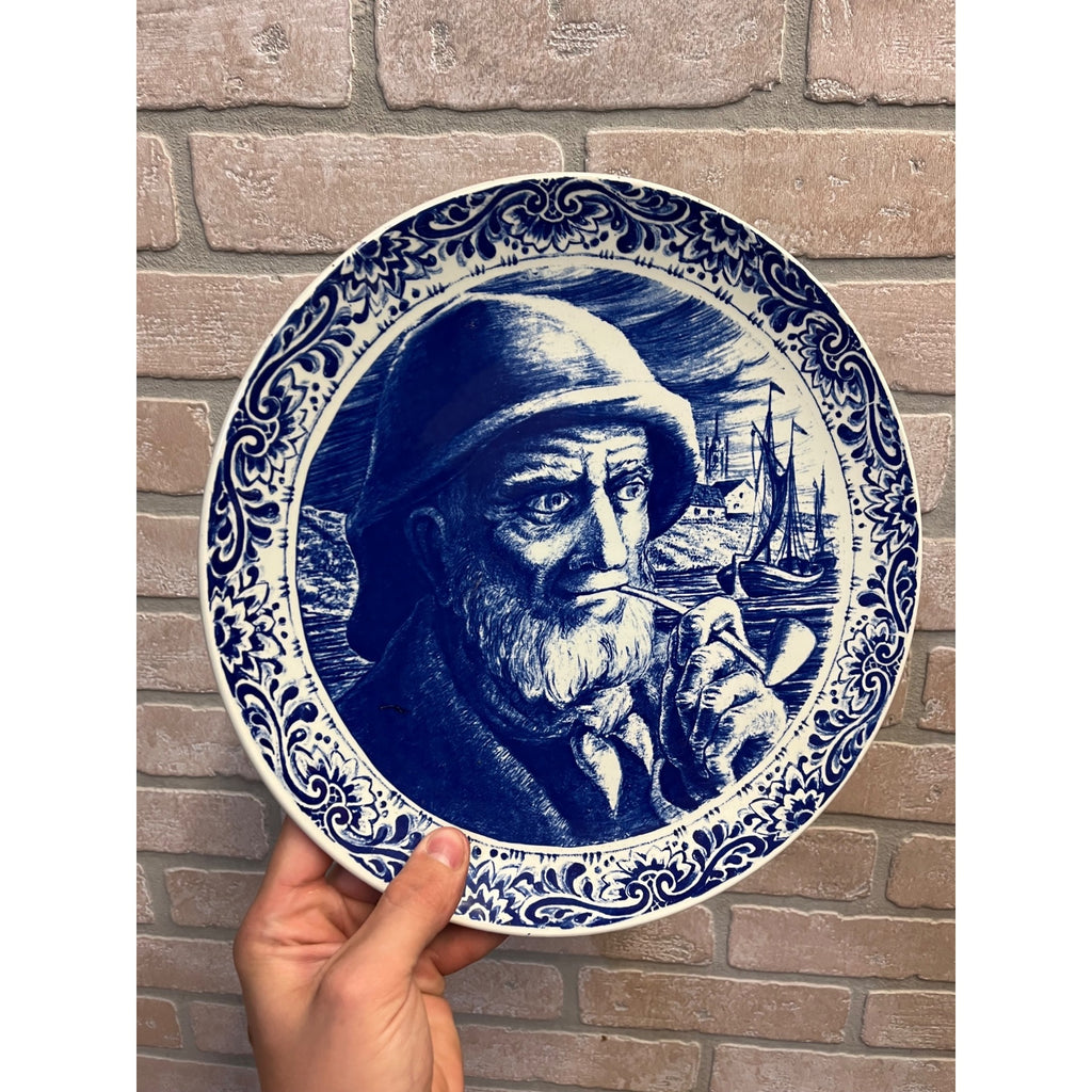 Vintage Blue Delft Boch Belgium La Louviere Plate Old Lady & Sea Captain 11.5"