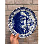 Vintage Blue Delft Boch Belgium La Louviere Plate Old Lady & Sea Captain 11.5"