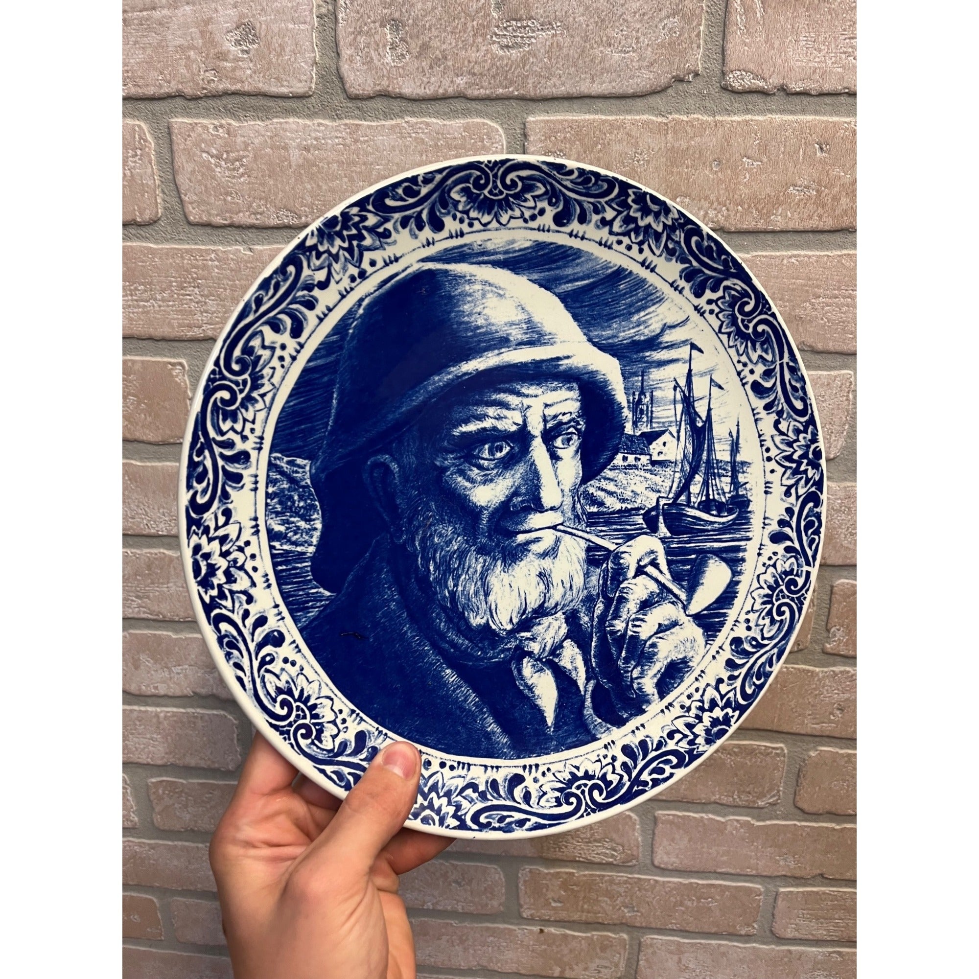 Vintage Blue Delft Boch Belgium La Louviere Plate Old Lady & Sea Captain 11.5"