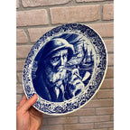 Vintage Blue Delft Boch Belgium La Louviere Plate Old Lady & Sea Captain 11.5"