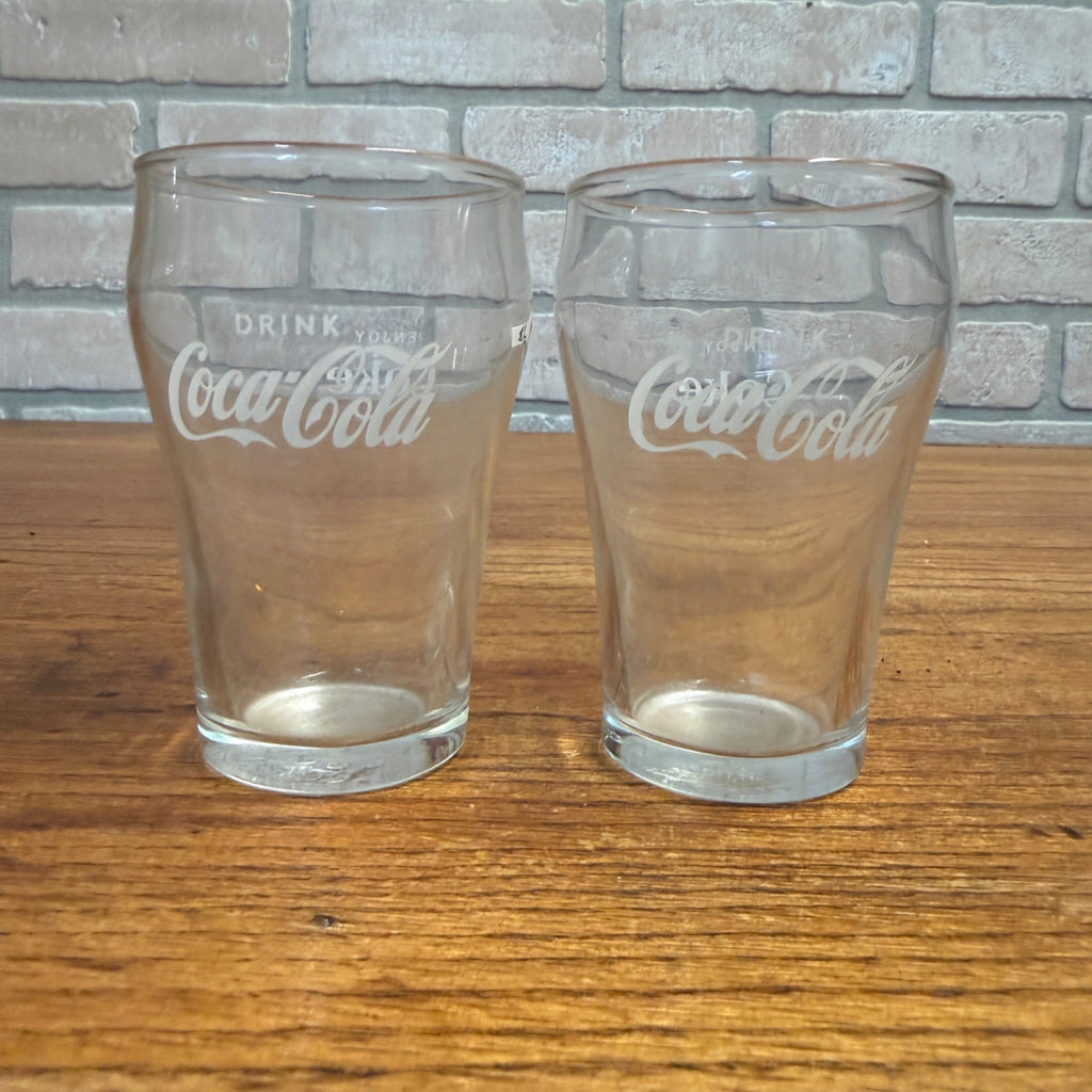 Pair Vintage Drink Coca Cola Enjoy Coke Soda Fountain Glass Advertising