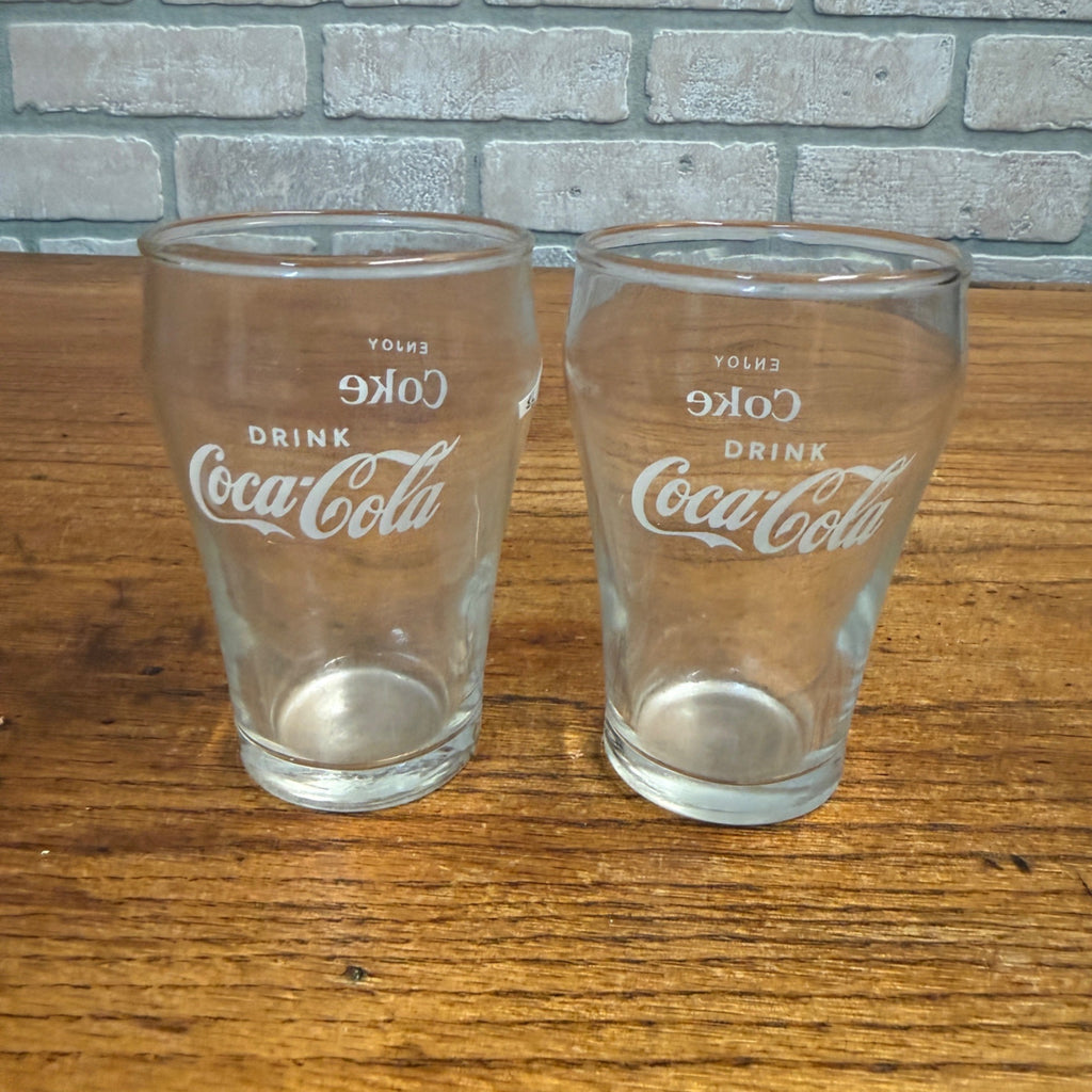 Pair Vintage Drink Coca Cola Enjoy Coke Soda Fountain Glass Advertising