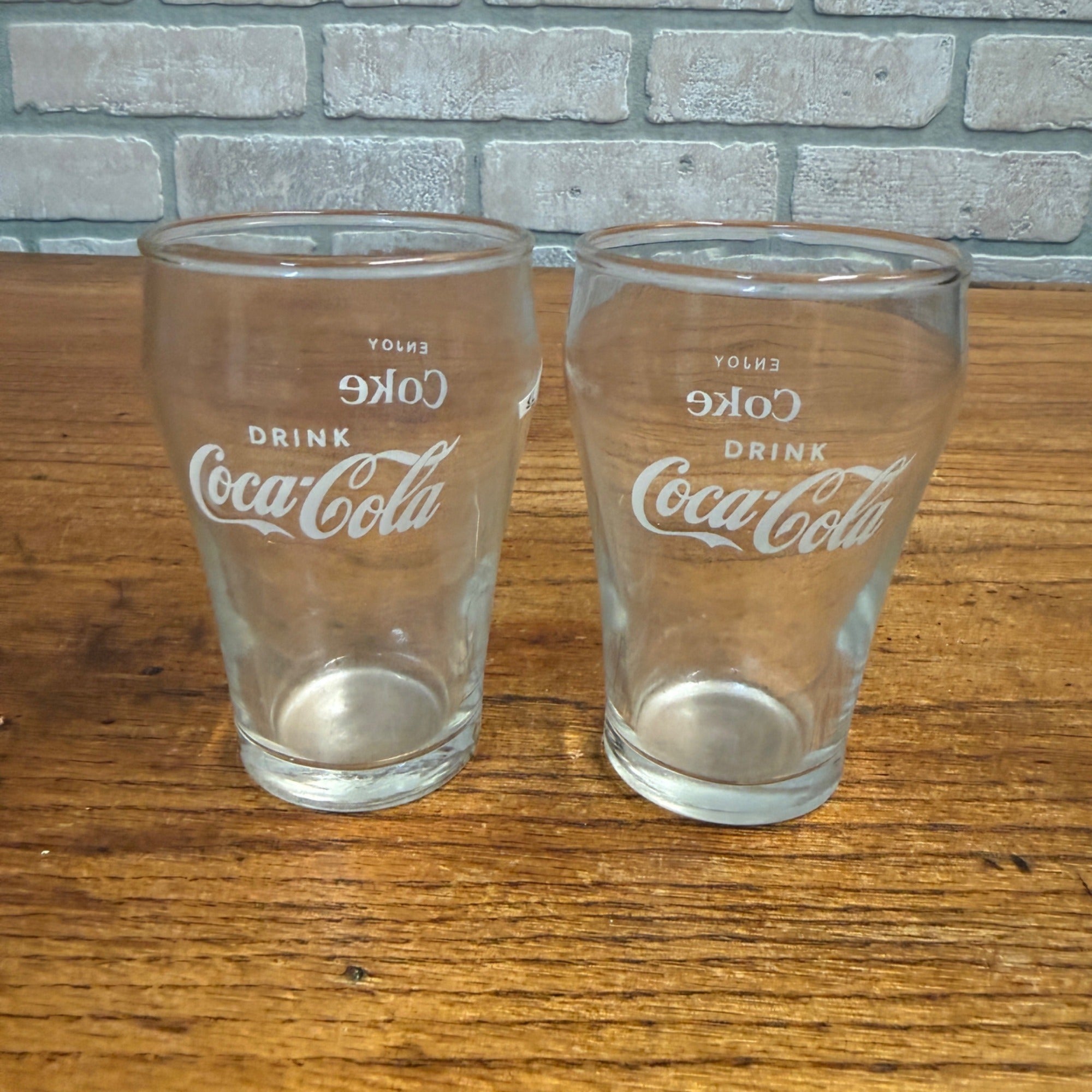 Pair Vintage Drink Coca Cola Enjoy Coke Soda Fountain Glass Advertising