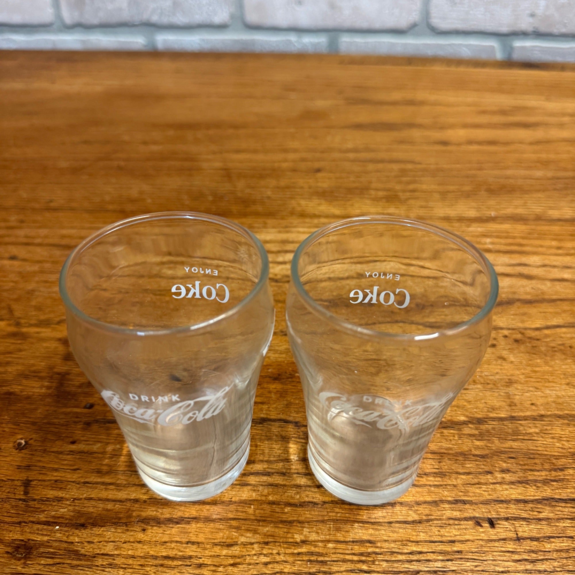 Pair Vintage Drink Coca Cola Enjoy Coke Soda Fountain Glass Advertising