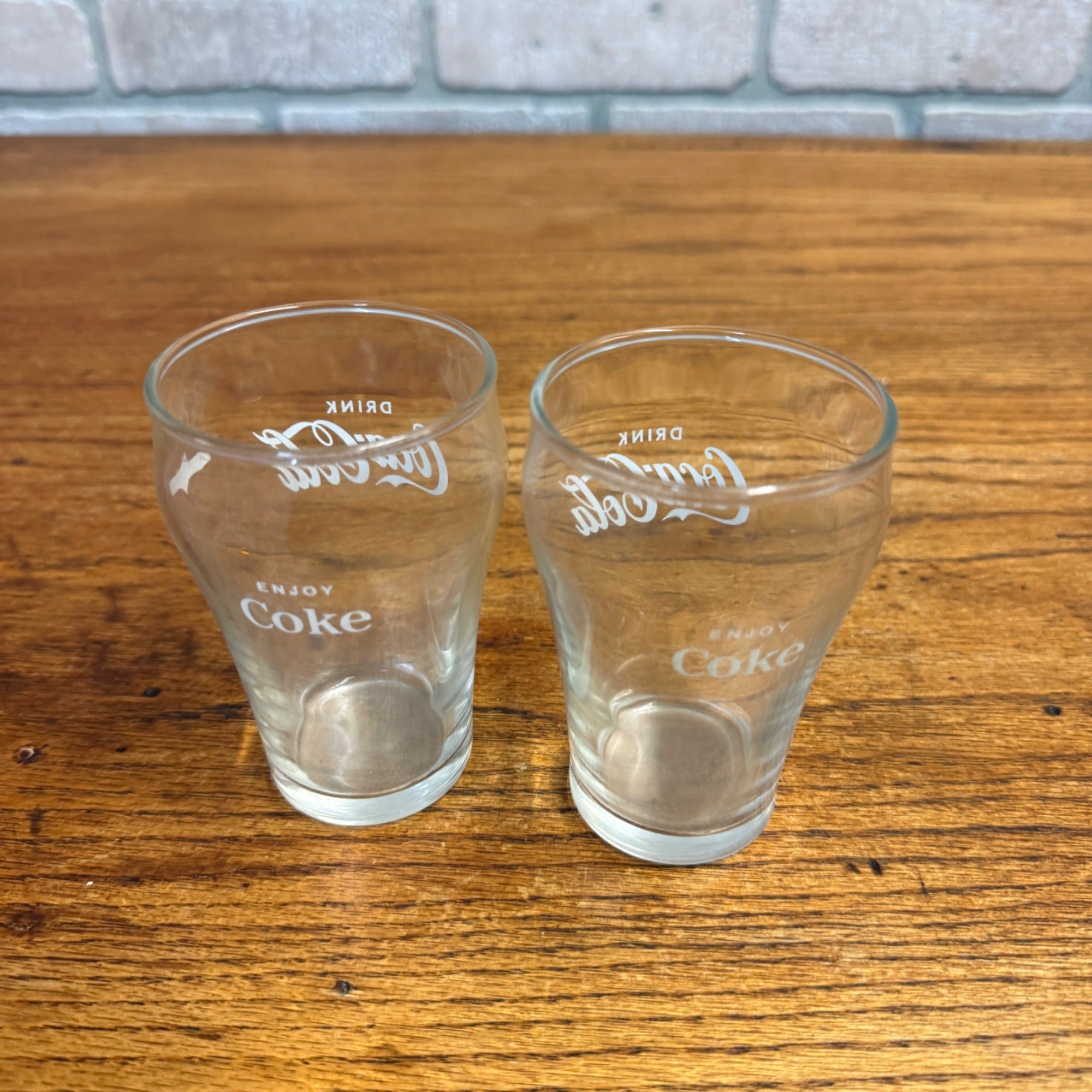 Pair Vintage Drink Coca Cola Enjoy Coke Soda Fountain Glass Advertising