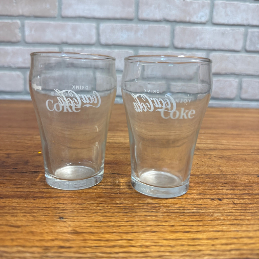 Pair Vintage Drink Coca Cola Enjoy Coke Soda Fountain Glass Advertising