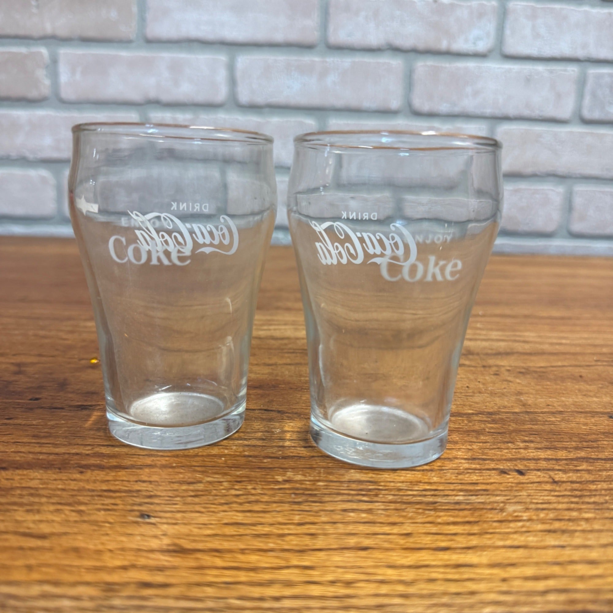Pair Vintage Drink Coca Cola Enjoy Coke Soda Fountain Glass Advertising