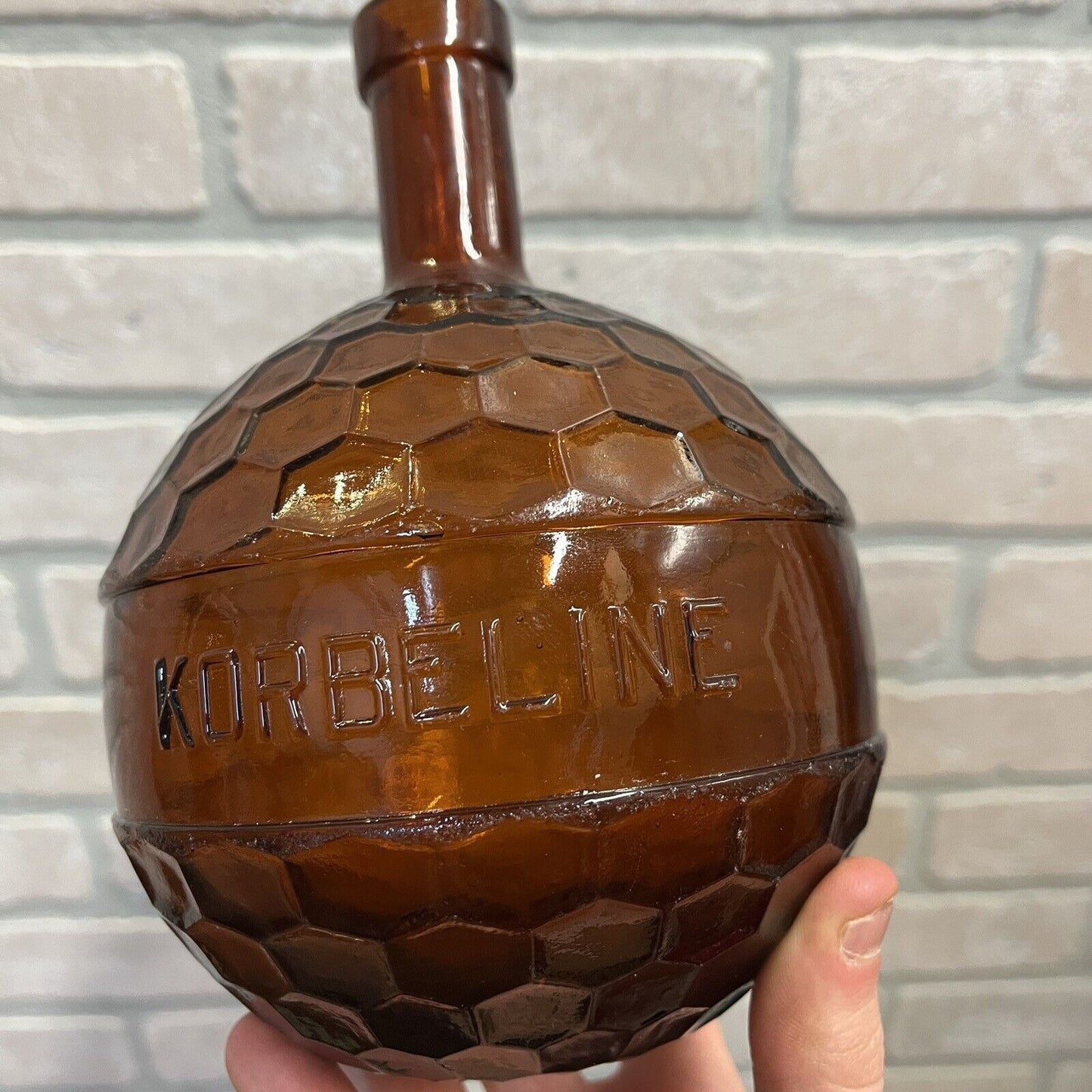 ANTIQUE KORBELINE ANTIQUE HONEYCOMB GRENADE AMBER BROWN GLASS MEDICINE BOTTLE