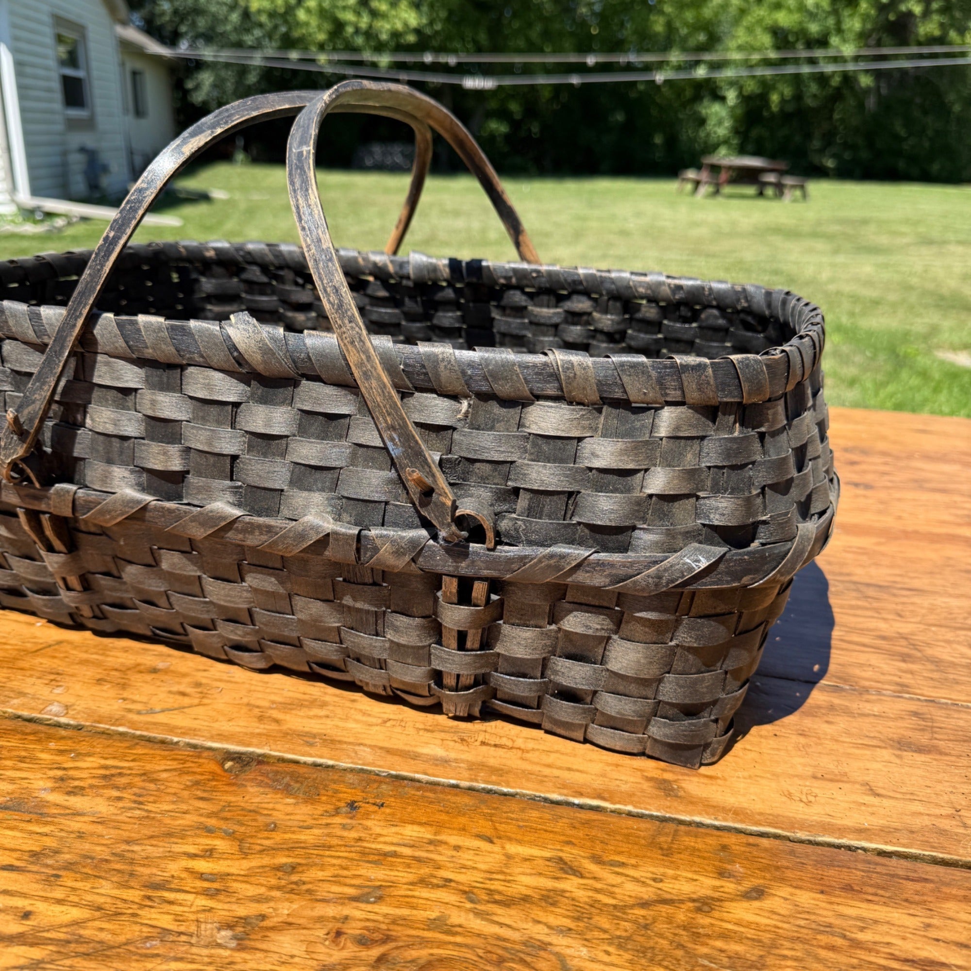 Primitive Oak Splint Gathering Basket Double Swing Handle Farmhouse Market Basket