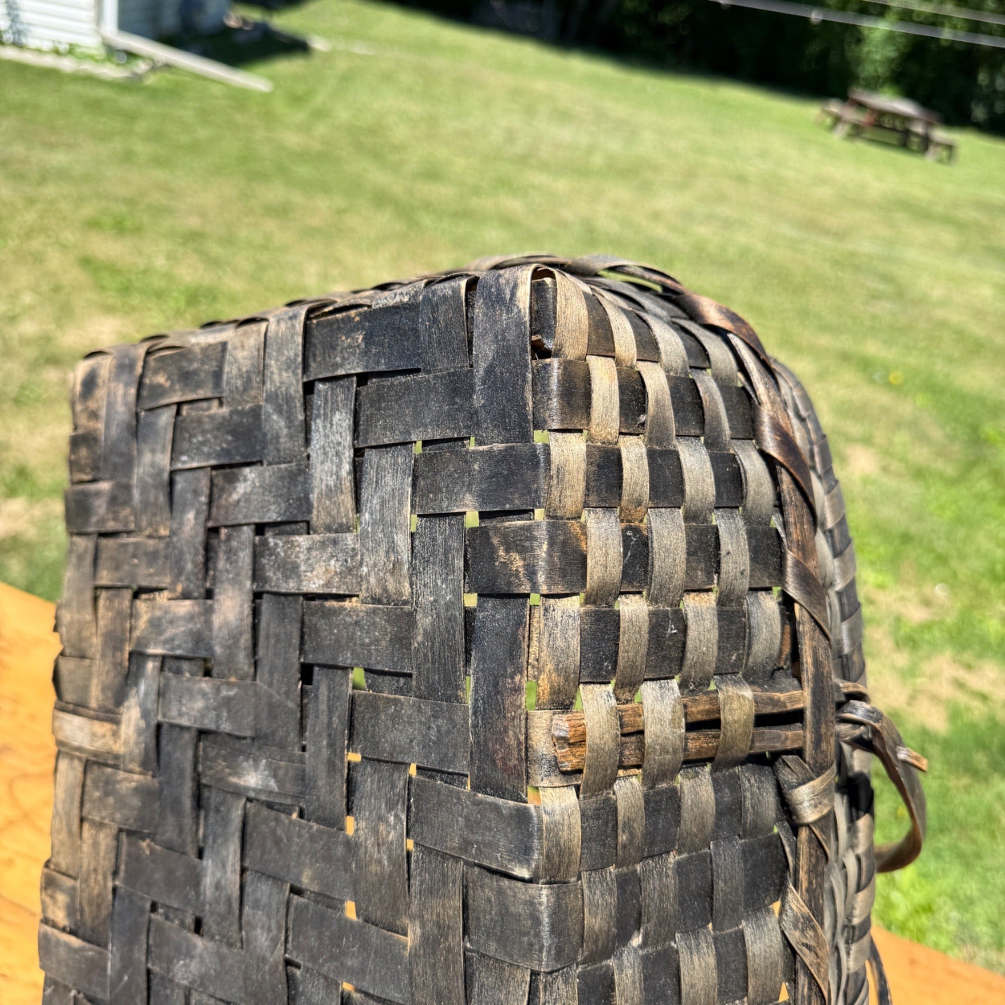 Primitive Oak Splint Gathering Basket Double Swing Handle Farmhouse Market Basket