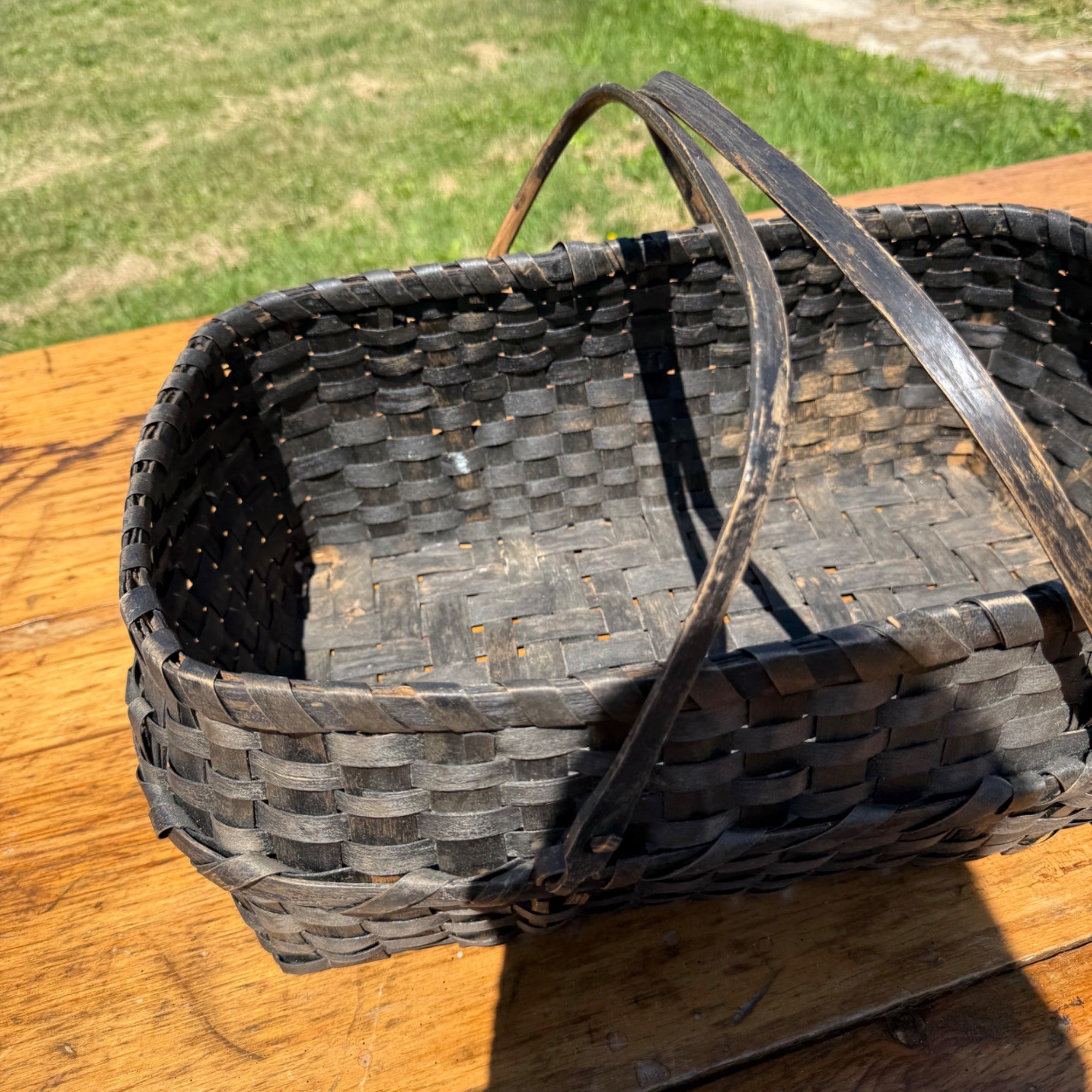 Primitive Oak Splint Gathering Basket Double Swing Handle Farmhouse Market Basket