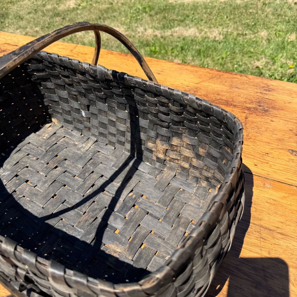 Primitive Oak Splint Gathering Basket Double Swing Handle Farmhouse Market Basket