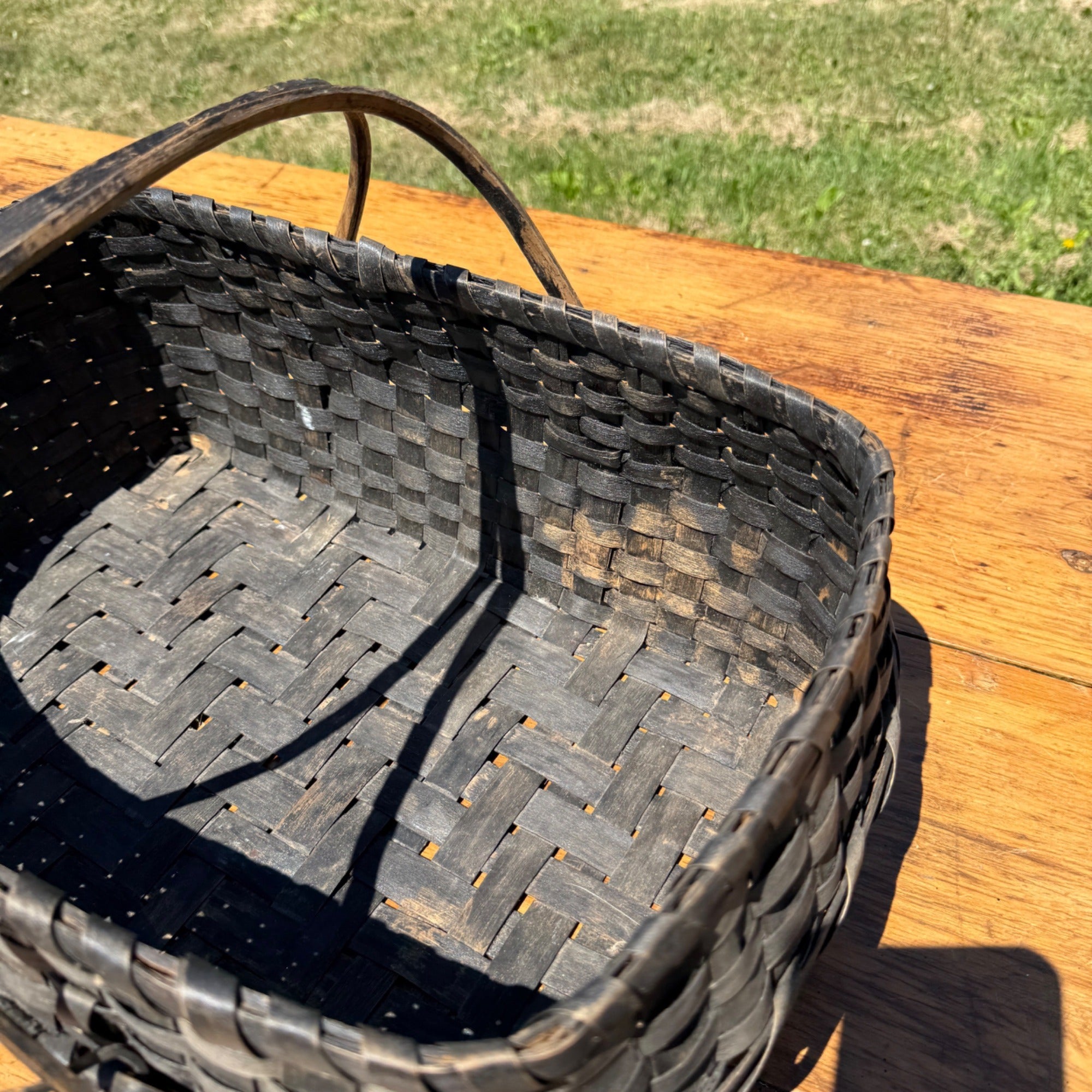 Primitive Oak Splint Gathering Basket Double Swing Handle Farmhouse Market Basket