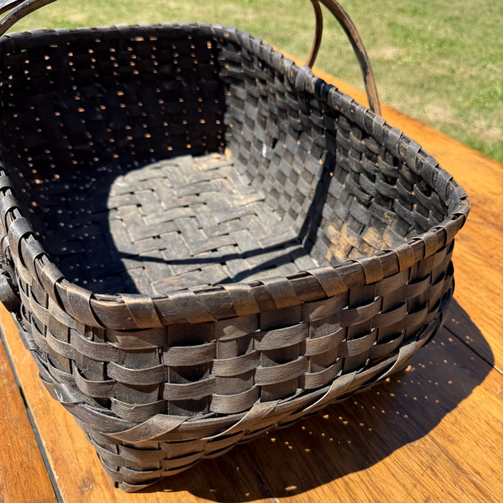 Primitive Oak Splint Gathering Basket Double Swing Handle Farmhouse Market Basket