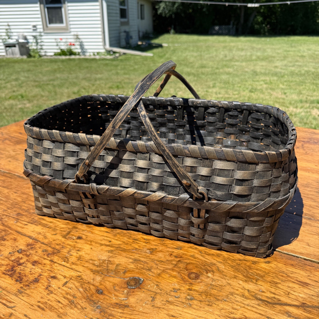 Primitive Oak Splint Gathering Basket Double Swing Handle Farmhouse Market Basket