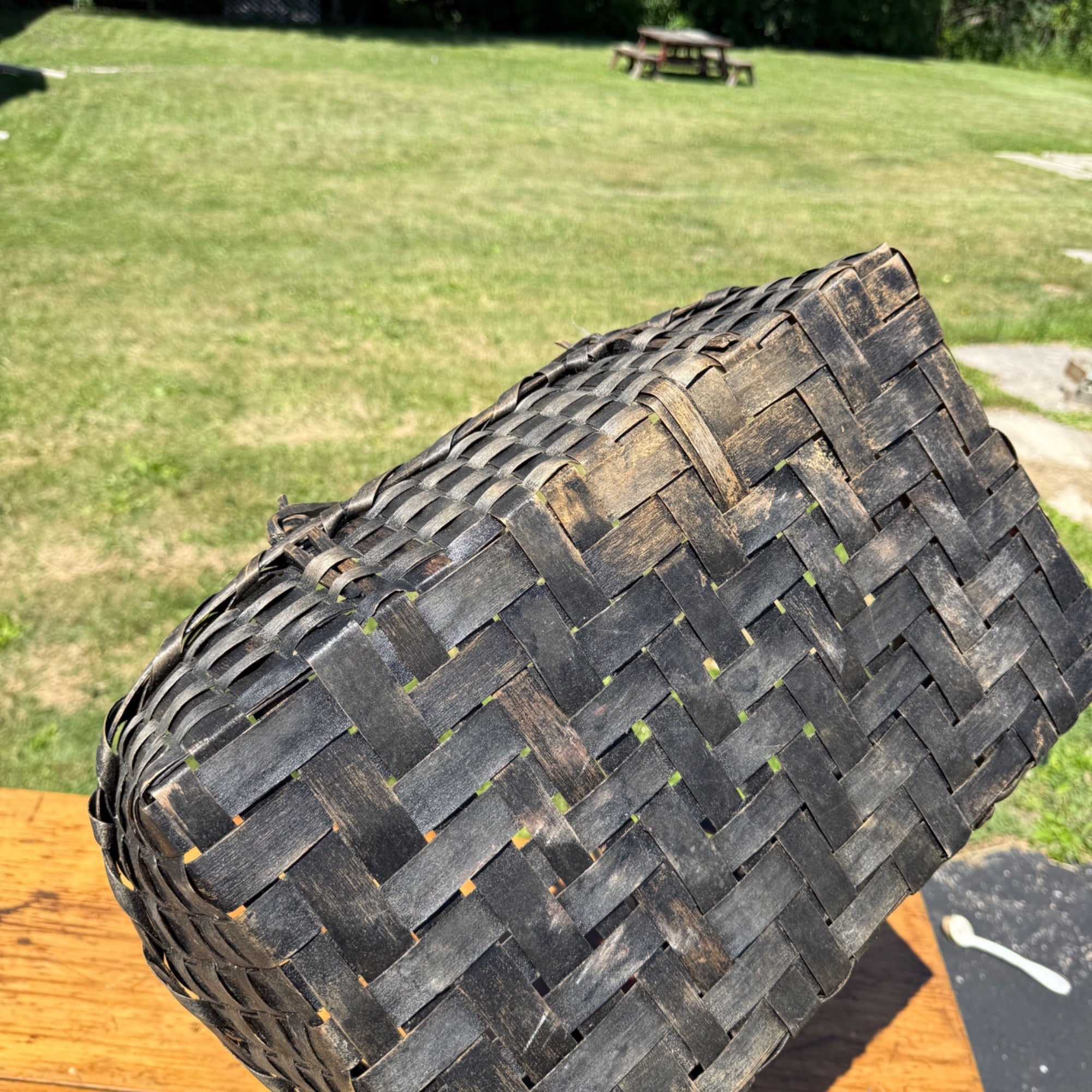 Primitive Oak Splint Gathering Basket Double Swing Handle Farmhouse Market Basket