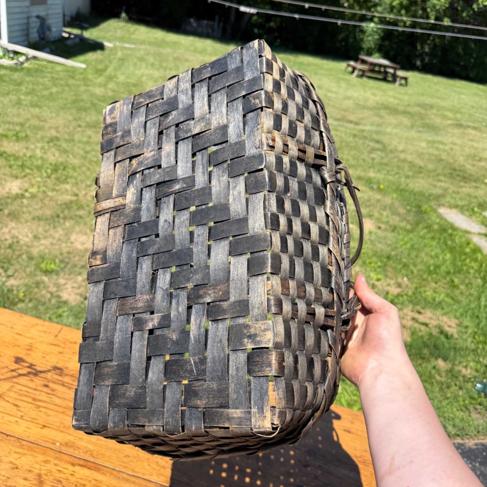 Primitive Oak Splint Gathering Basket Double Swing Handle Farmhouse Market Basket