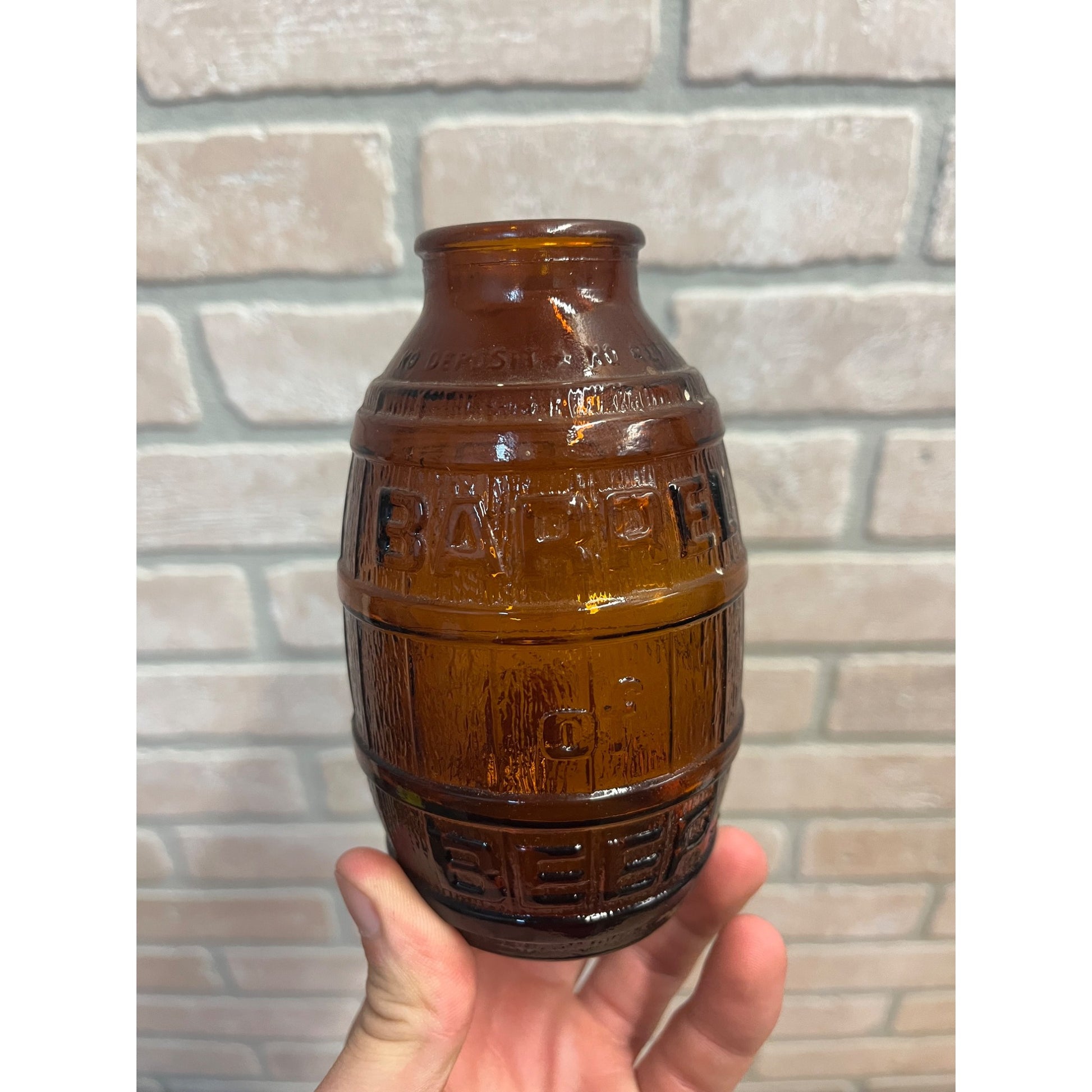 Vintage 1970s Barrel of Beer Amber Brown Glass Bottle 5.5" Mid-Century