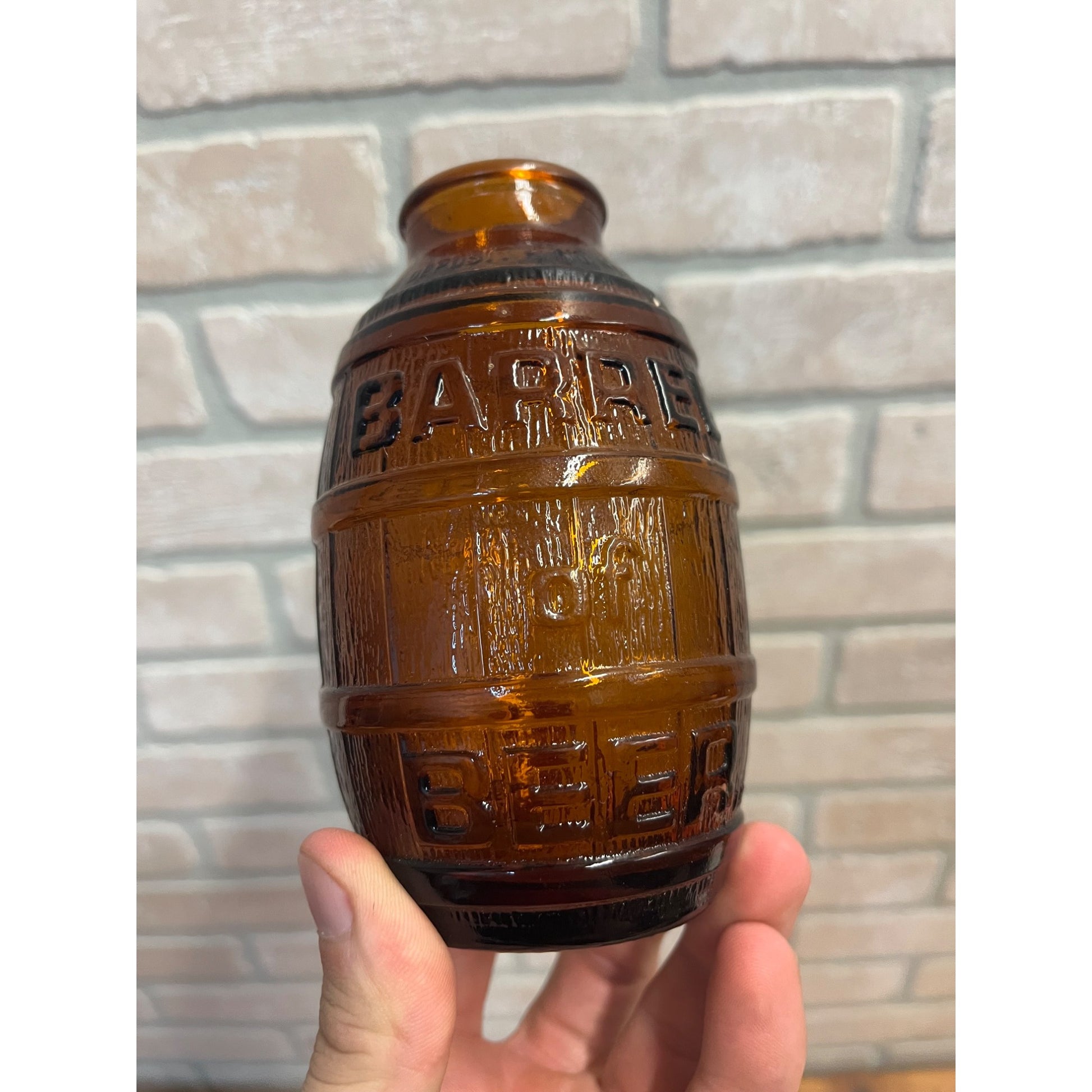 Vintage 1970s Barrel of Beer Amber Brown Glass Bottle 5.5" Mid-Century